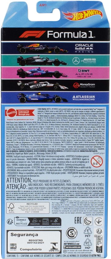 Verpakking van 5 Hot Wheels Formule 1 auto's met afbeeldingen van de auto's en logo's.