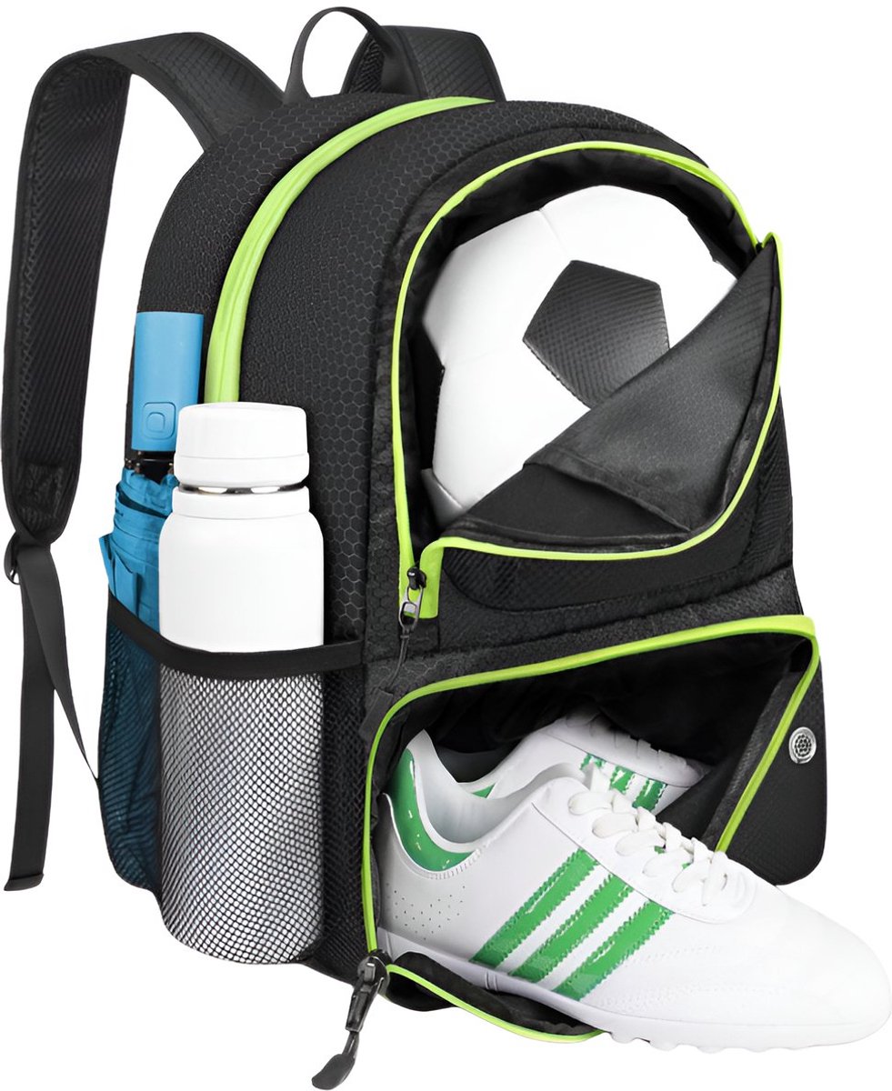 SoNis - Ultieme Voetbaltas - Voetbalrugzak met schoenen vak en bal vak - lichte Sportrugzak - Jongens en Meisjes - Basketbalrugzak - Waterdicht - Basketbal - Volleybal - Voetbal - Zwart/Groen