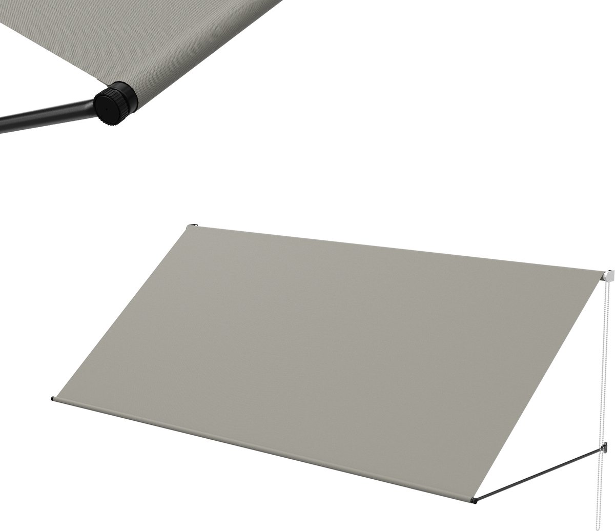 Aufun Inklapbare Fallarm Markise 300x145cm Grijs - Met Kabel & Aluminium Ondersteuningsstang Voor Terras, Balkon & Tuin