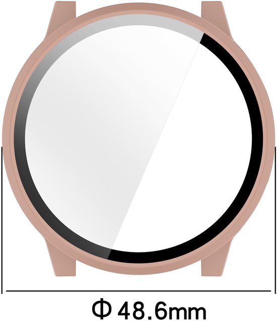 Roze smartwatch case met een diameter van 48.6mm, met een onbedekt glazen scherm.