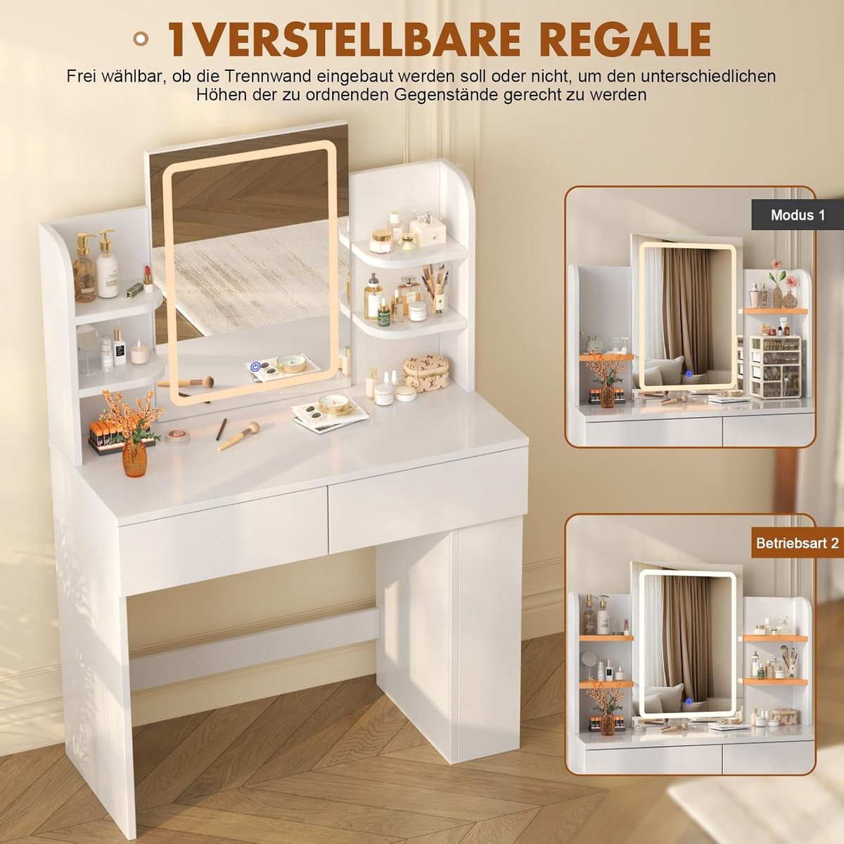 Make-uptafel met LED-verlichting, verstelbare helderheid en spiegel, 90 x 40 x 135 cm, 2 laden & 4 planken – modern minimalistisch design – Pauwhome