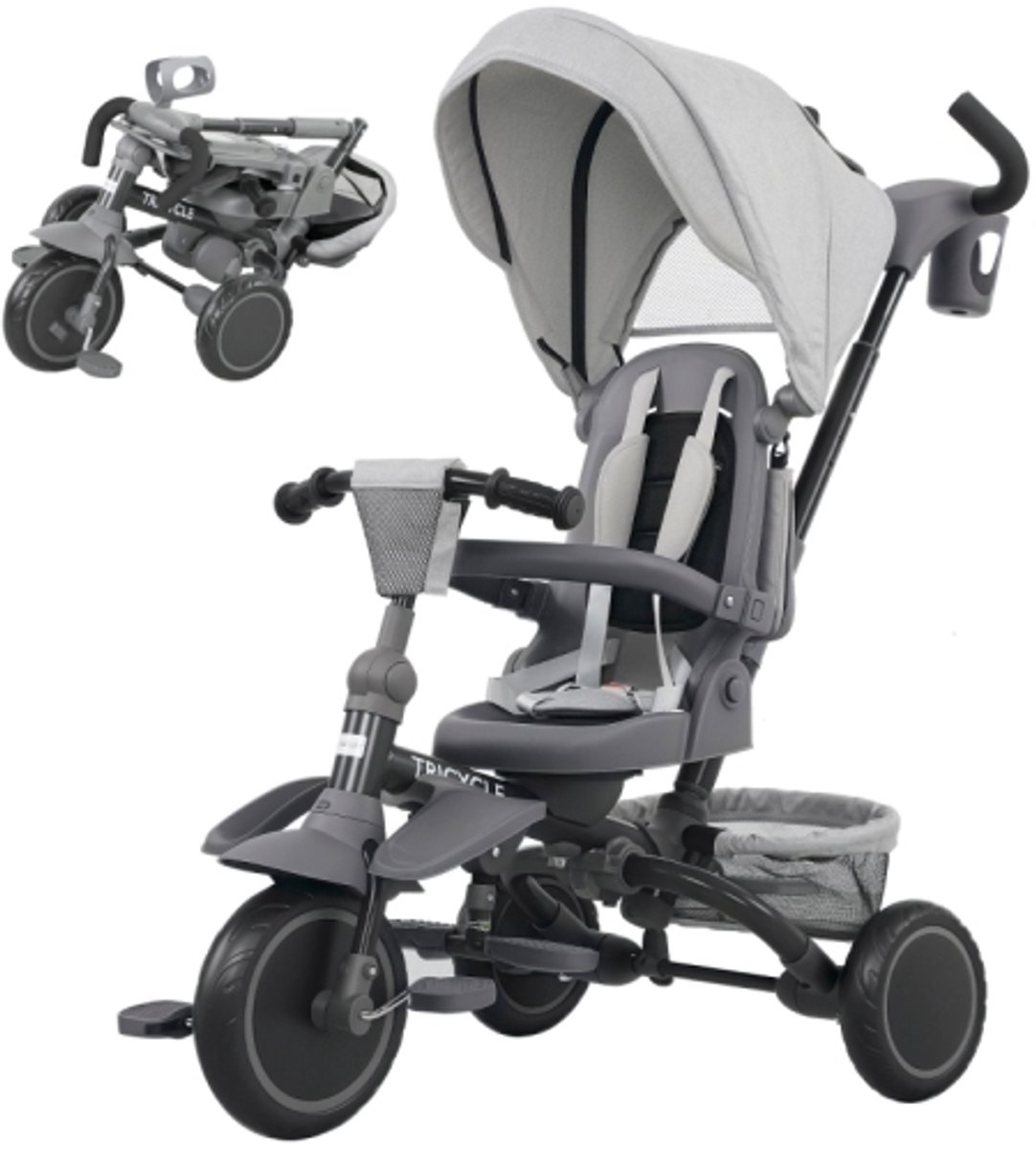 Kinderdriewieler 96.5 x 49 x 101 cm 6-in-1 buggy voor peuters met duwstang verstelbare zitting opvouwbaar ontwerp veiligheidsnet grijs Voorzien van een wasbare, zacht gevoerde zitting De zitting is 360° draaibaar