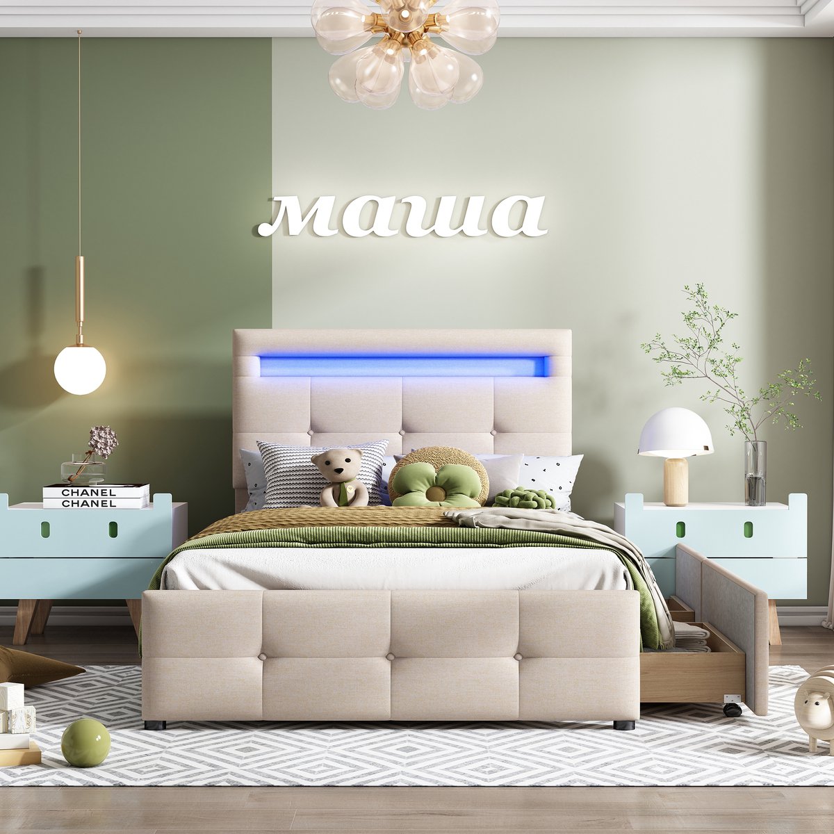 Merax Gestoffeerd bed 90x200 cm met LED-verlichting - 2 laden - eenpersoonsbed - kinderbed - tienerbed - beige - zonder matras
