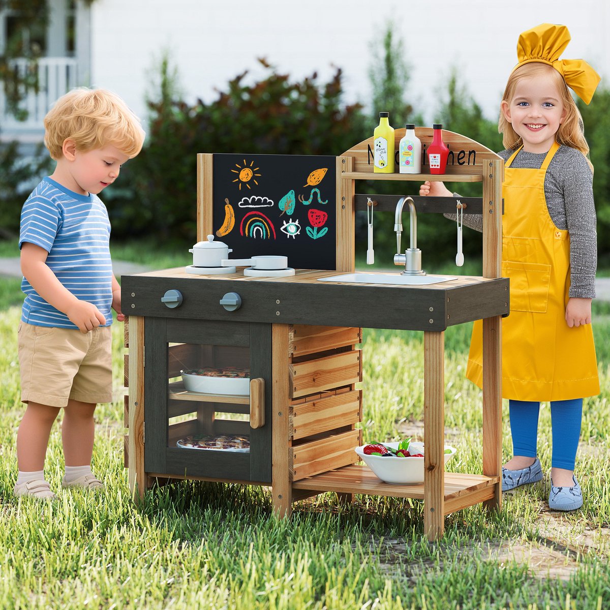 COSTWAY Modderkeuken voor kinderen, outdoor, kinderkeuken, hout met tafel, fornuizen en gootsteen, speelkeuken met kraan en oven, outdoorkeuken incl. accessoires voor kinderen vanaf 3 jaar — afbeelding 7