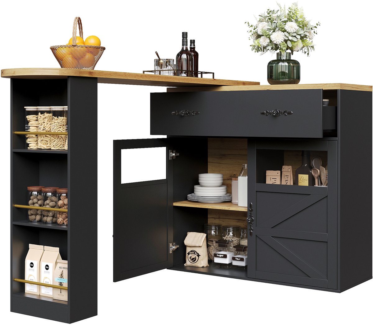 Uitschuifbare Bartafel (138-204x39x104 cm) - 360° Draaibare Zwarte Bar - Beweegbaar Keuken Eiland met Opbergplanken (Zonder Glas)