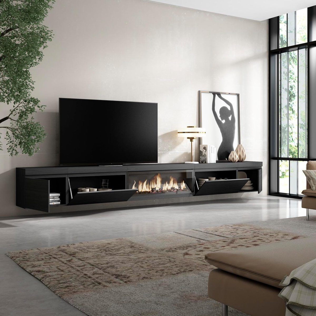 TV-meubel met elektrische haard XXL 368 cm – Urbanhome Floating Flame – Hangend lowboard zwart – LED sfeerhaard 3D – Modern design tv-kast woonkamer