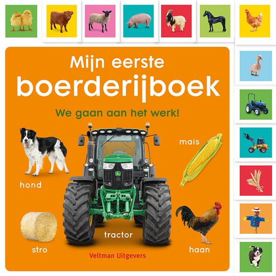 Boek met afbeeldingen van een tractor, hond, haan, mais, stro en boerderijdieren.