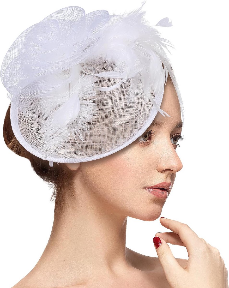 Elegante Fascinator Hoed met Bloem en Veren voor Dames - Wit Cosplay & Feestaccessoire