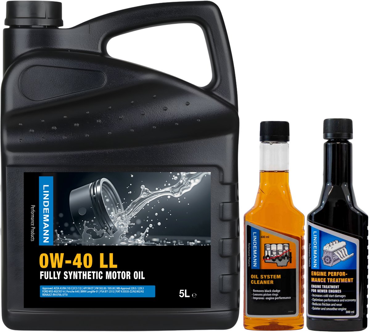 Lindemann Motorolie 0W40 - 5L + Oil System Cleaner (Motor Reiniger) - Engine Performance Treatment (Olie Additief) - Olieverversing Set en Bescherming