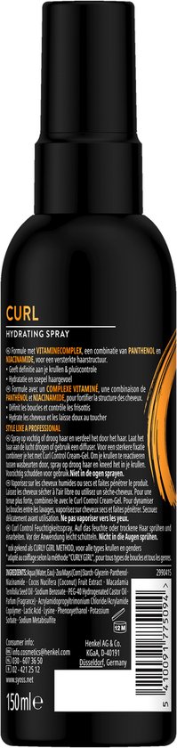 Arrière du flacon Syoss Curl Mousse avec informations produit et liste des ingrédients. Inclut la 'Curl Control Technologie' et le 'Panthénol & Niacinamide'.
