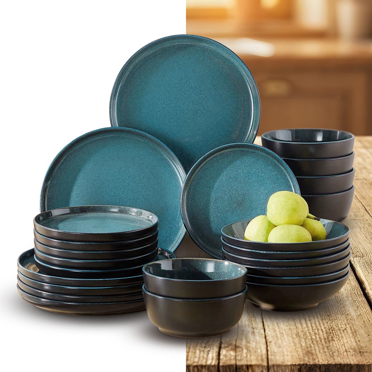 Luxe Serviesset – 24 delig – 6 persoons – Keramiek - Bordenset – Dinner platen – Dessertborden - Kommen - Pastabord - Blauw