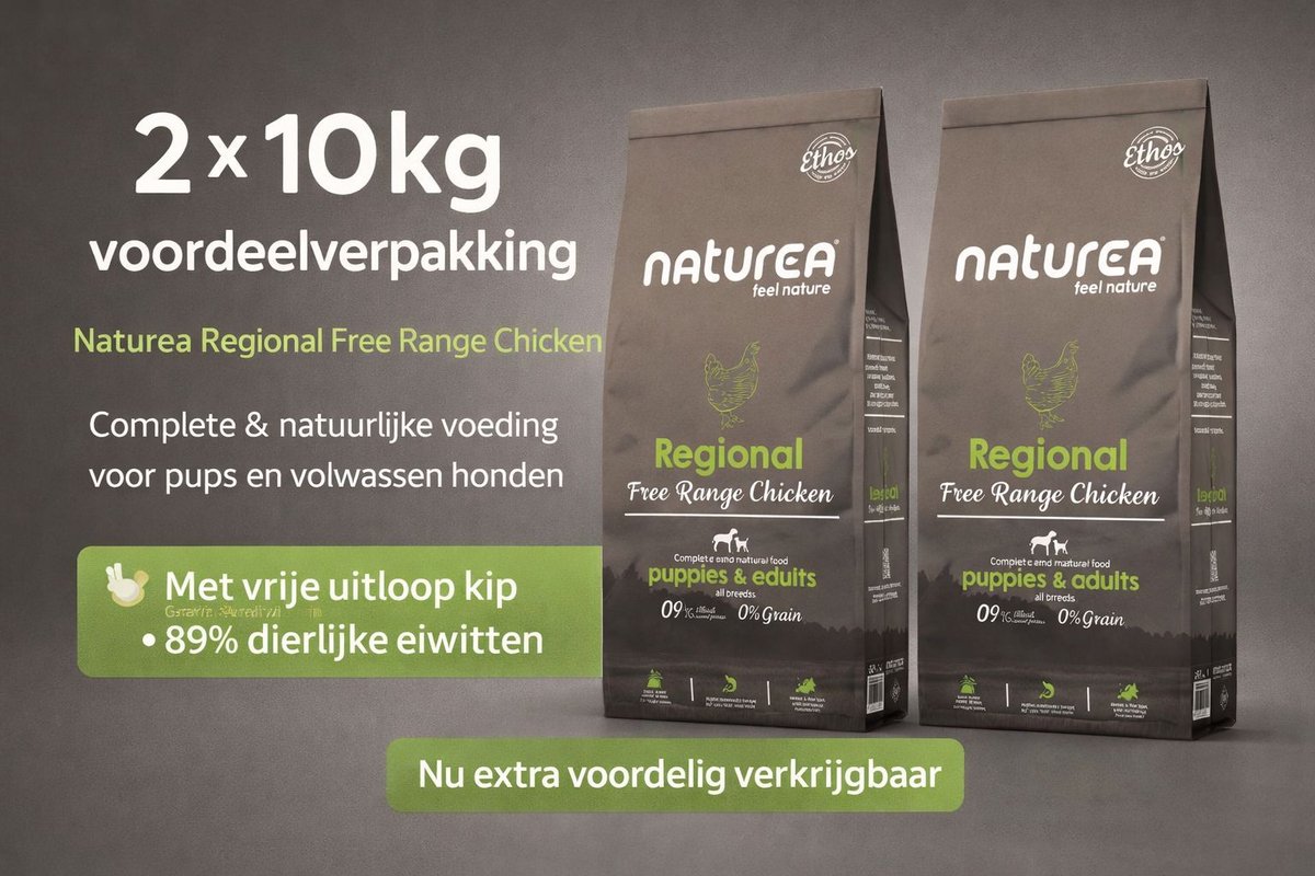 Naturea Naturea Grainfree Dog Ethos Regional Free Range Chicken 2x 10 kg Voordeelverpakking - Hond
