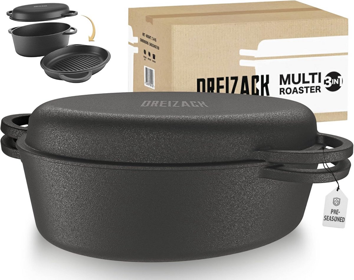Gietijzeren Braadpan 8.3L met Grilldeksel - Multifunctioneel voor Inductie en Oven