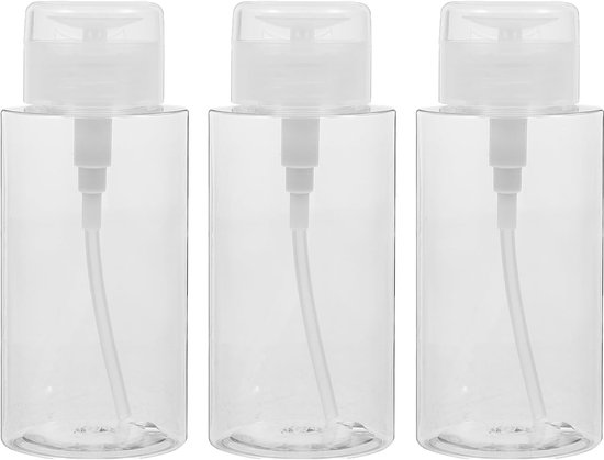 Drie lege pompflessen van 150 ml, geschikt voor het vullen en doseren van cosmetische vloeistoffen, met dopjes, geschikt voor dagelijkse verzorging en op reis.