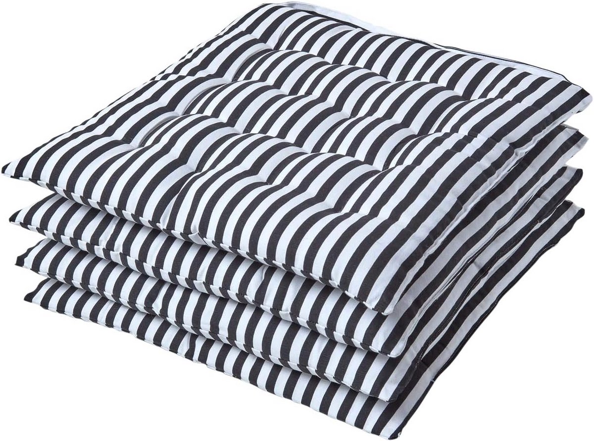 Set van 4 Zwart-Witte Stoelkussens 40x40 cm van 100% Katoen met Bevestigingsriemen