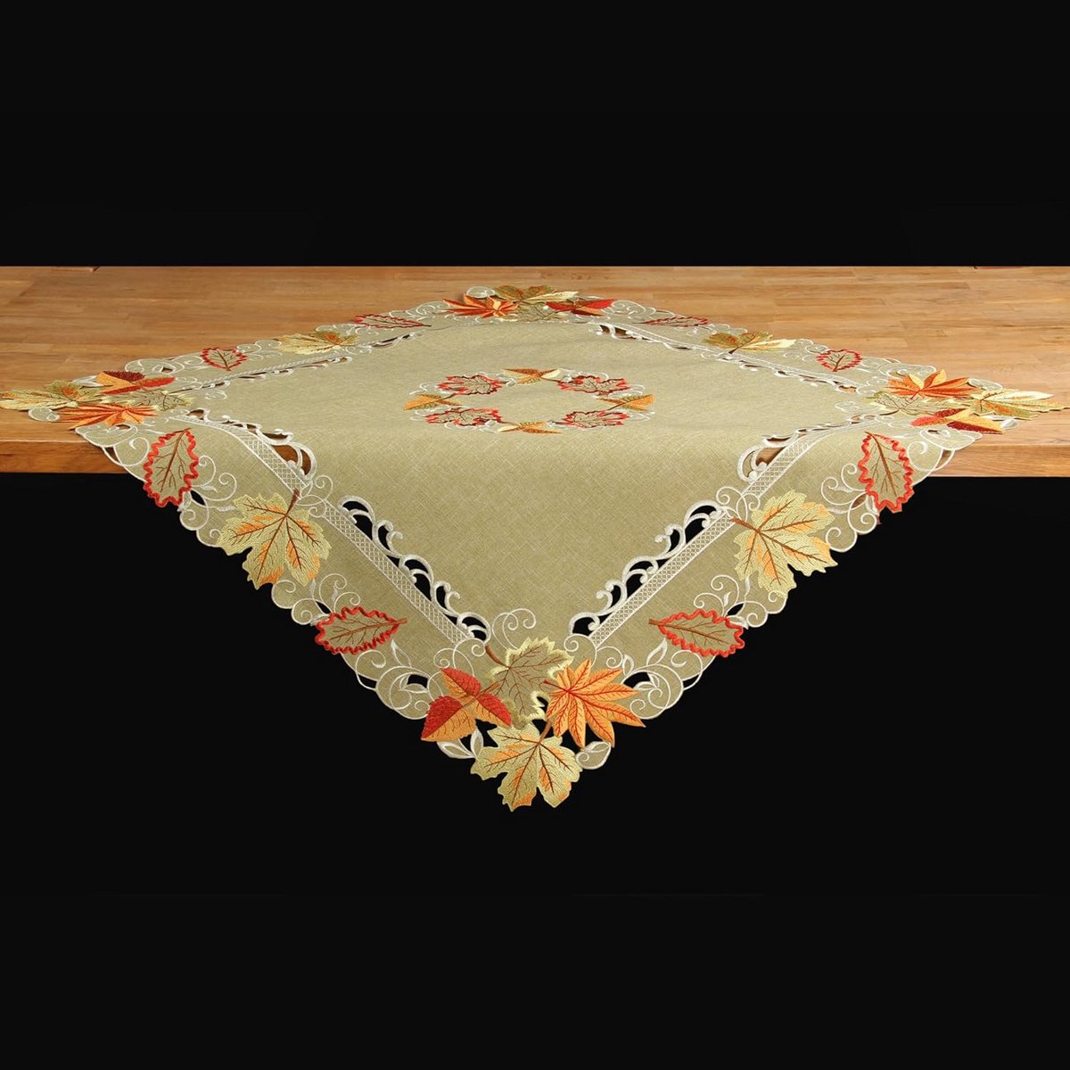 Tafelloper en Kussensloop met Herfstbladeren in Groen en Beige
