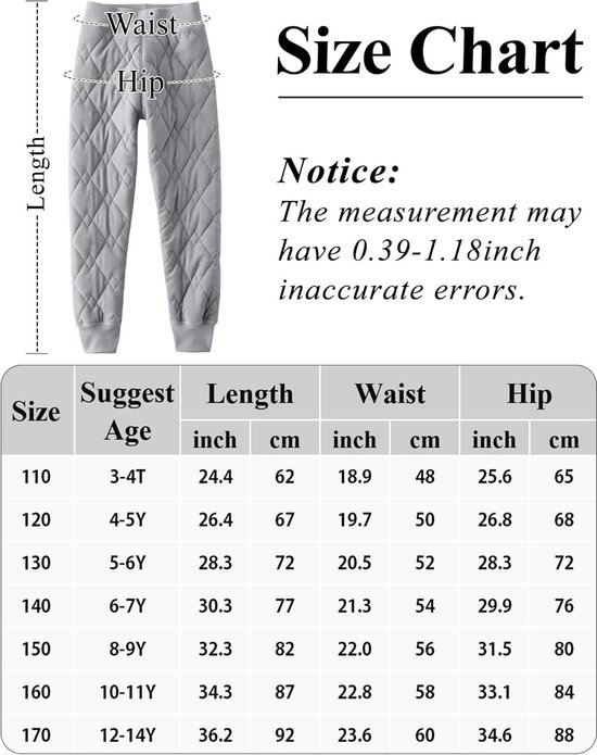 Maattabel voor kinderleggings met lengte-, taille- en heupafmetingen in inches en cm.