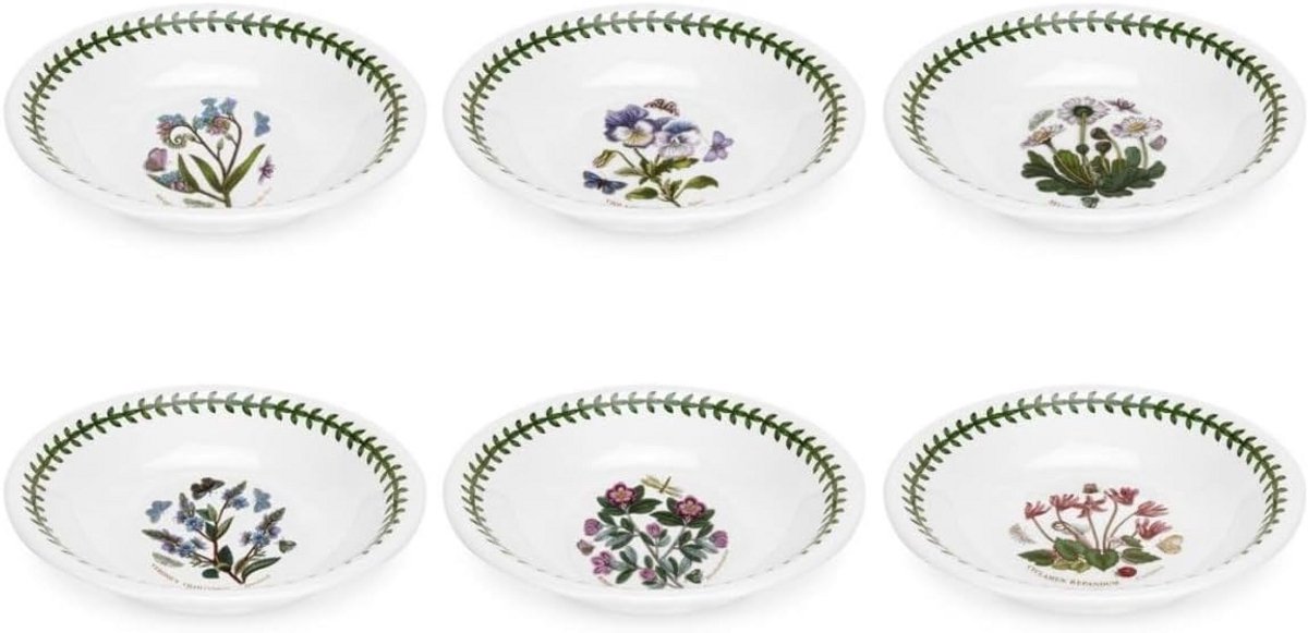 Set van 6 Ontbijtkommen met Bloemenmotief en Groene Rand