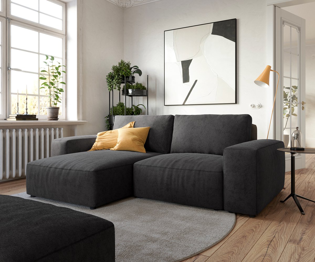 DELIFE Hoeksofa Lanzo microvezel zwart 230x155 cm met variabele recamière en hocker