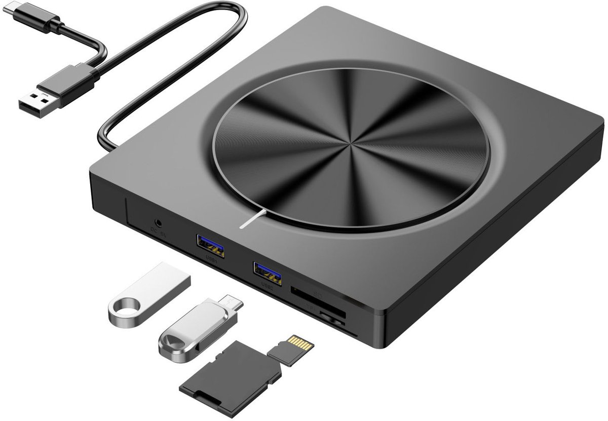 Extern -station, speler voor laptops, draagbare 6-in-1 kaartlezer, CD-brander, ROM-station, USB CD-brander, extern schijfstation geschikt voor laptops, desktops, Macs, Windows 11/10/8/7, Linux OS.