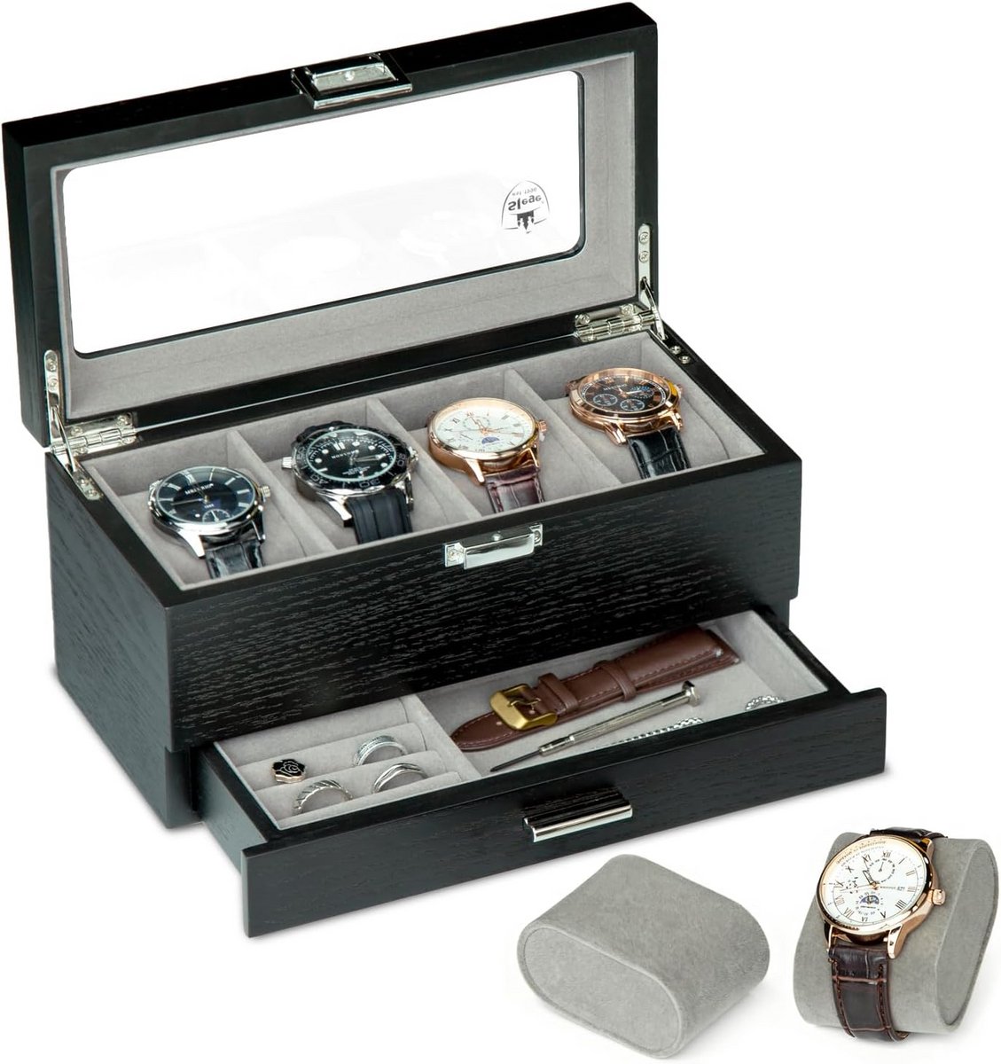 Luxe Houten Horlogedoos met Glazen Deksel en Lade voor 4 Horloges