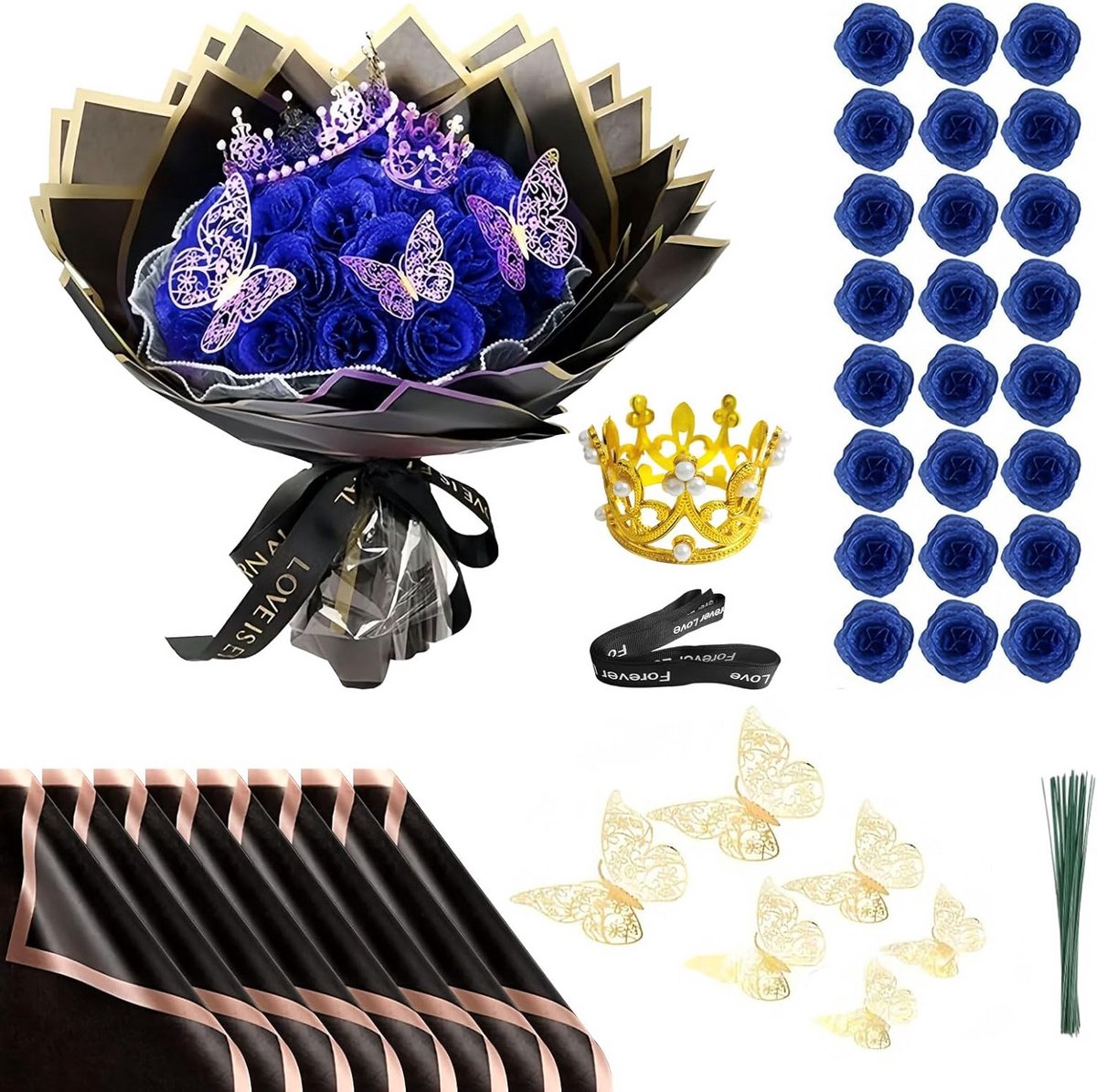 24 Stuks Blauwe Glitter Rozen Boeketten DIY Nepbloemen met Kroon voor Decoratie