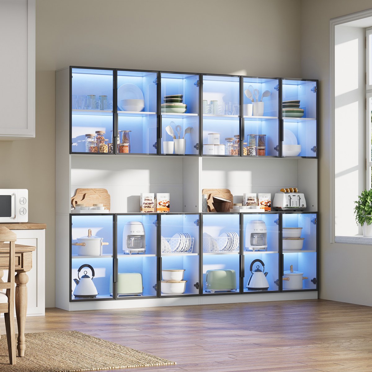 OKWISH Vitrinekast - 12 Deuren Met Glazen Deuren En Ledverlichting - Voor Woonkamer Of Winkel - MDF Wit - 240x34x200 Cm
