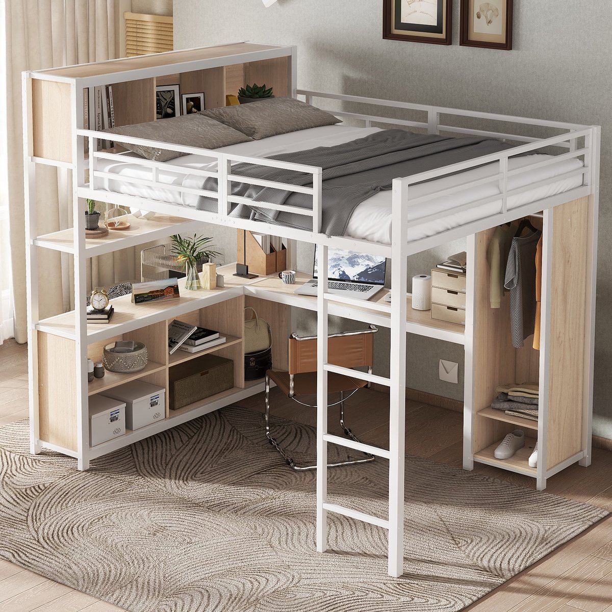OKWISH Hoogslaper 140x200cm – Met Bureau En Dubbele Opbergruimte – Met Kledingkast En Opbergvak – Metalen Frame – Zonder Matras – Wit