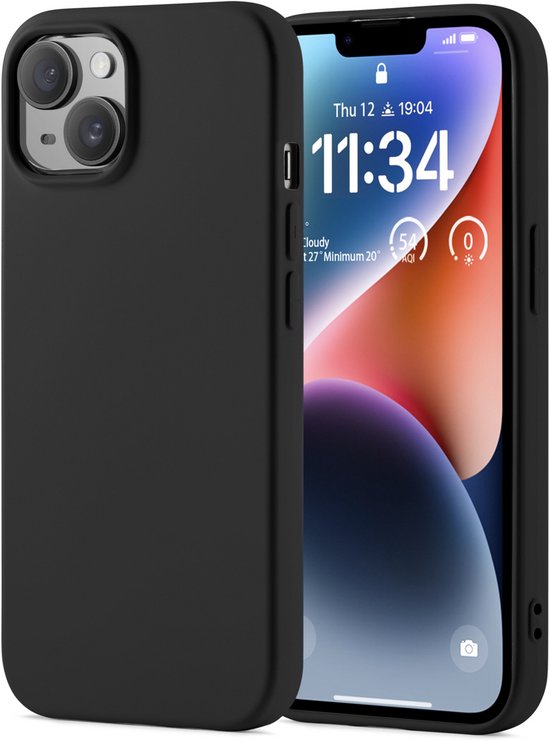 Housse noire antichoc pour iPhone 14 Plus, avec téléphone et double caméra.