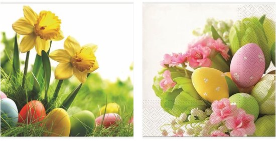 Servetten Pasen | 6 x 20 stuks | bloemen en paaseieren | 120 servetten | 2 afbeeldingen