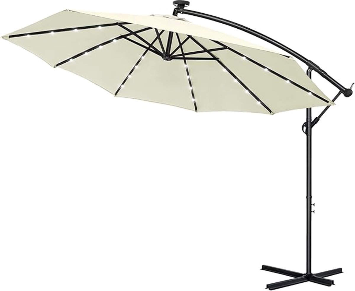 300 cm Aluminium Parasol Met LED & Kruk - UV-Bescherming - Tuinparasol - 360° Draaibaar - Marktpolsol - Waterafstotend - Zweefparasol Met Voet - Windbescherming - Krukparasol Voor Tuin, Terras, Strand (Beige) NAIZY