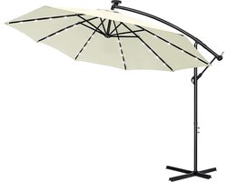 300 cm Aluminium Parasol Met LED & Kruk - UV-Bescherming - Tuinparasol - 360° Draaibaar - Marktpolsol - Waterafstotend - Zweefparasol Met Voet - Windbescherming - Krukparasol Voor Tuin, Terras, Strand (Beige) NAIZY