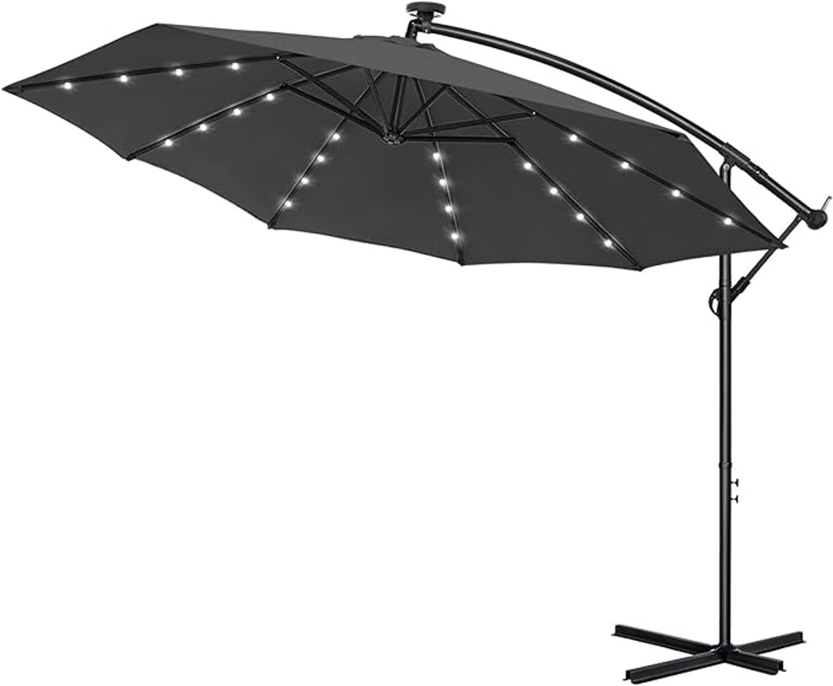 300 cm Aluminium Parasol Met LED & Kruk - UV-Bescherming - Tuinparasol - 360° Draaibaar - Marktpolsol - Waterafstotend - Zweefparasol Met Voet - Windbescherming - Krukparasol Voor Tuin, Terras, Strand (Donkergrijs) NAIZY