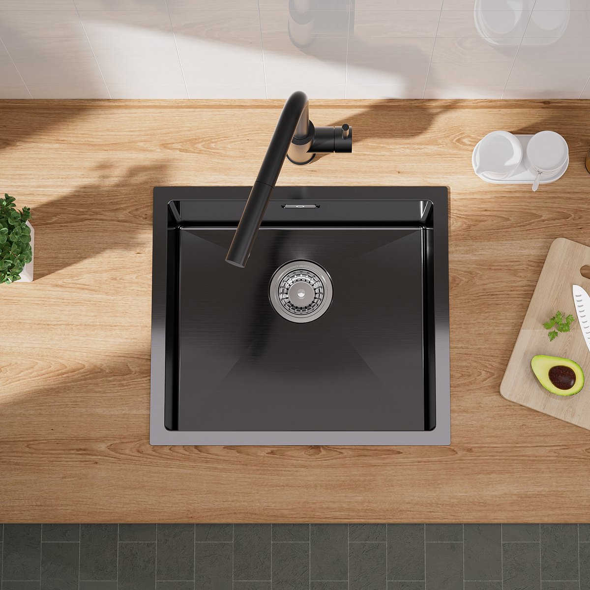 CECIPA max Spoelbak Keuken 50x44cm - Spoelbakken Keuken Antraciet - Enkele spoelbak - Keuken Gootsteen met Sifon en Afvoerzeefje