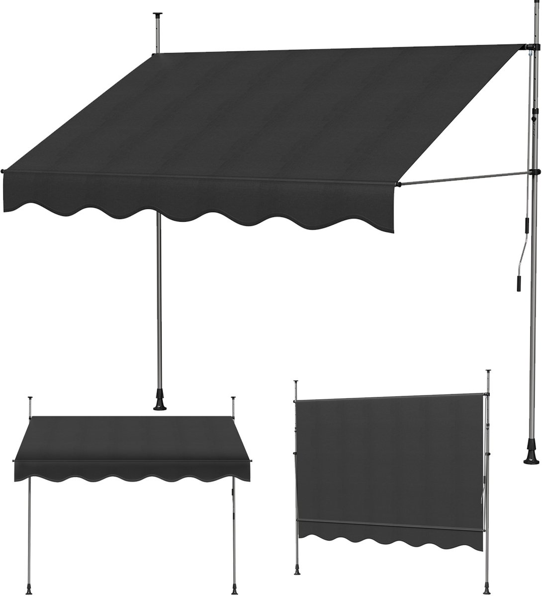 PIPIPOXER - 250x120cm Klemluifel met handslinger - Balkonluifel zonder boren - In hoogte verstelbaar - UV-bestendig, zwart