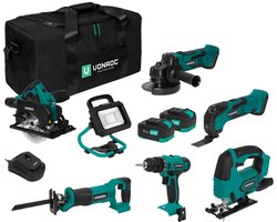 VONROC Gereedschapsset VPower 20V – Accuboormachine, Decoupeerzaag, Oscillerende Multitool, Haakse Slijper, Cirkelzaag, Reciprozaag, LED-Werkverlichting, 2x 4.0Ah accu en Snellader
