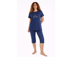 Dames Pyjama - Katoen - Zomer - 3/4 broek - Donkerblauw Gestreept - Maat L