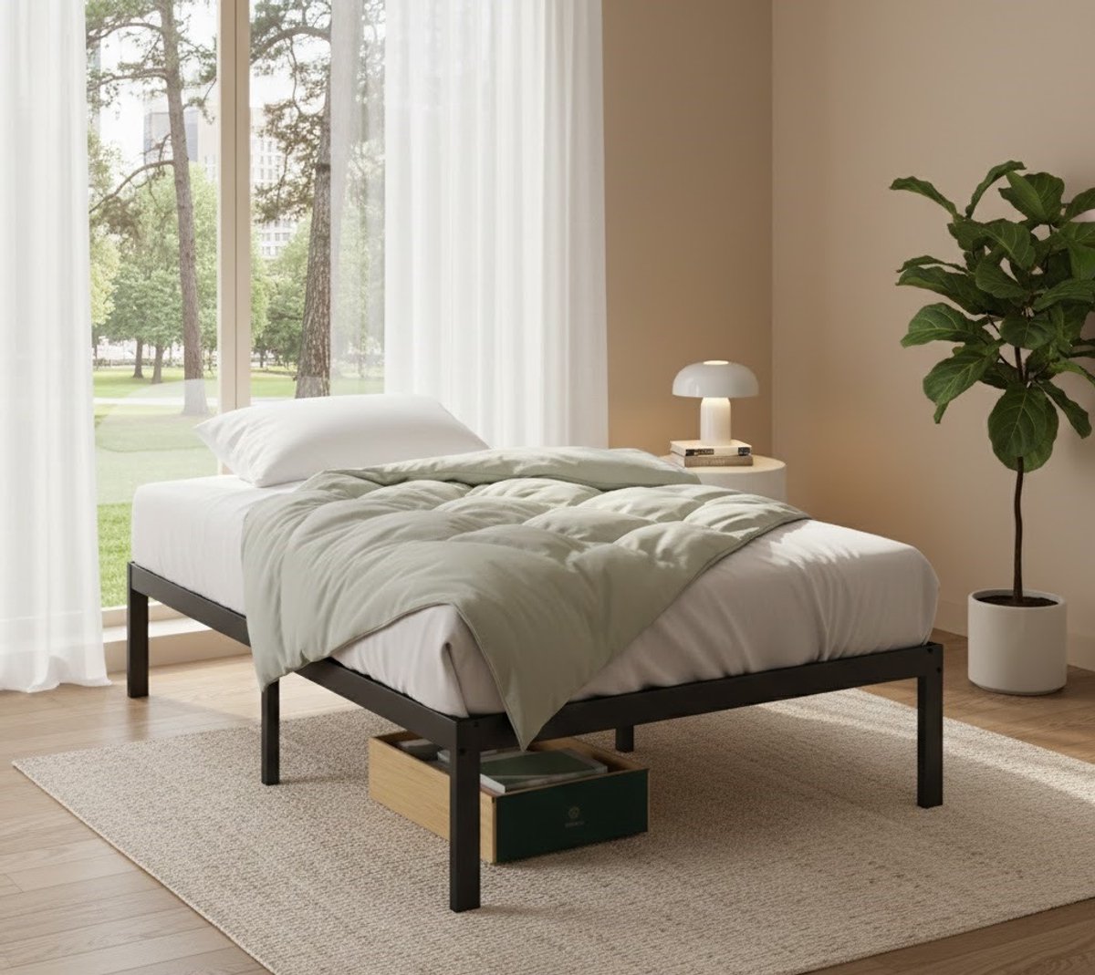 Metaal Bedframe 90x200 cm – Zwart Eenpersoonsbed met Lattenbodem, Hoog Platform 36 cm, Opbergruimte Onder Bed, Stijlvol & Stevig, Eenvoudige Montage House & Garden Modern