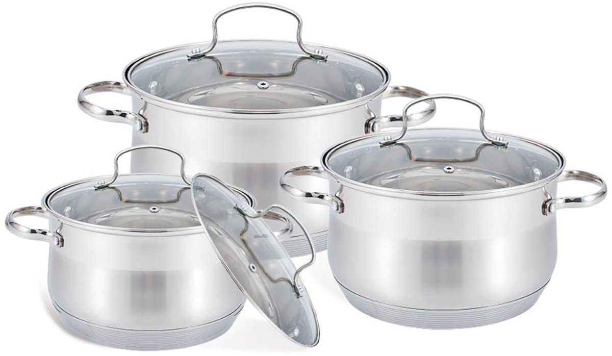Maestro MR-3512-6L Pannenset - 6-delig - Hoogwaardig Roestvrij Staal (RVS) - Inclusief Glasdeksels - 2.9L, 5.1L & 6.5L - Inductie & Alle Warmtebronnen - Zilver