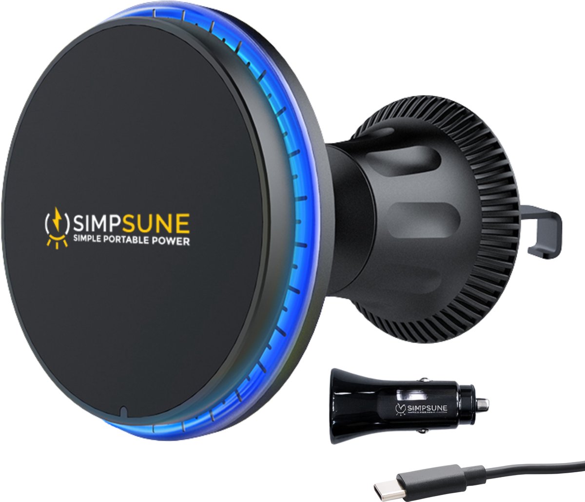 SimpSune MagSafe autohouder – magnetische telefoonhouder auto / Phone Holder Car ventilatierooster – 15W draadloze oplader – sterke magneet, 360° draaibaar – inclusief USB‑C kabel & auto‑adapter – geschikt voor MagSafe compatibele smartphones