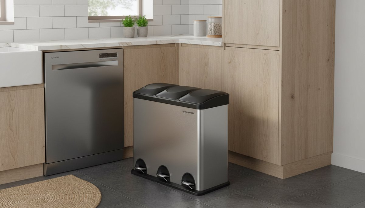 Afvalscheidingssysteem Keuken – Casa Serena Pedaalemmer 54L met 3 Binnenemmers, Recycling Vuilnisemmer, Zilver-Zwart, Roestvrij Staal, Kinderlijk gemakkelijke Afval Sorteren