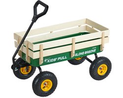 VEVOR Kinderhandkar, 102 CM, Transportkar met Duwstang, Gemaakt van Hout en Metaal, Max. 150 KG Draagvermogen, Ideaal voor Kinderen Vanaf 5 Jaar, voor In De Tuin, Uitstapjes en op Het Strand, Groen en Geel
