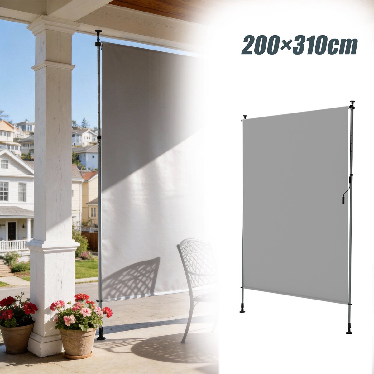 Aufun Rechtopstaande, In Hoogte Verstelbare Zonwering - Lichtgrijs - 200 x 310 cm - Privacyscherm Met Handslinger - Geschikt Voor Balkons, Terrassen En Tuinen
