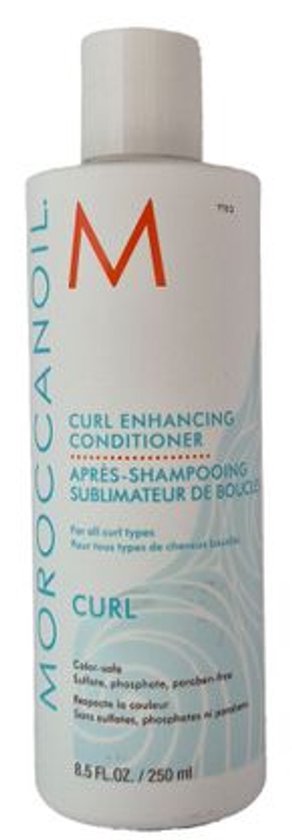 Witte fles met Moroccanoil logo. "Curl Enhancing Conditioner" en "Apres-shampooing sublimateur de boucles" in oranje en blauw.
