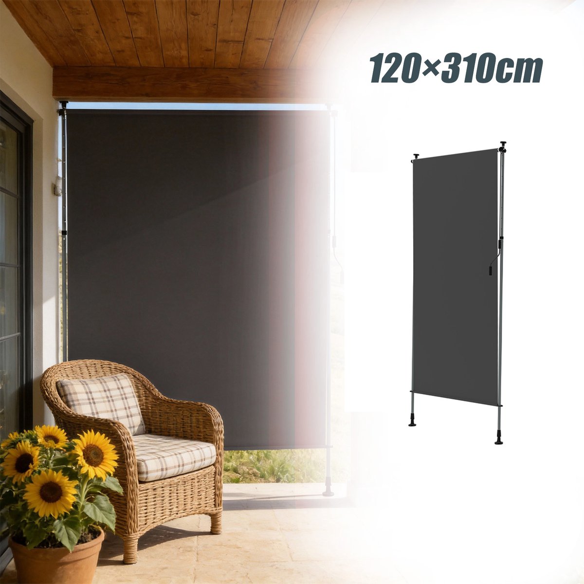 Aufun Rechtopstaande, In Hoogte Verstelbare Zonwering - Donkergrijs - 120 x 310 cm - Privacyscherm Met Handslinger - Geschikt Voor Balkons, Terrassen En Tuinen