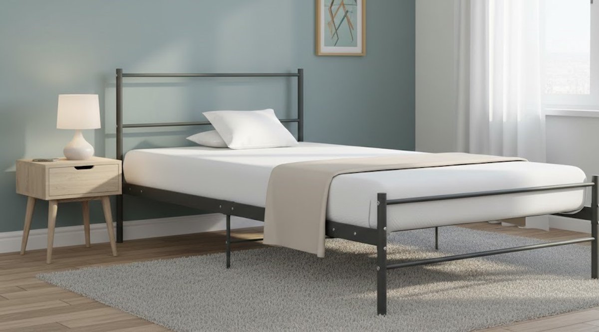 Elegant Metaal Bed 90x200 cm – Stevig, Modern & Comfortabel Bedframe voor Slaapkamer – Lattenbodem Inclusief Ondersteuning – Tijdloos Grijs Design House & Garden