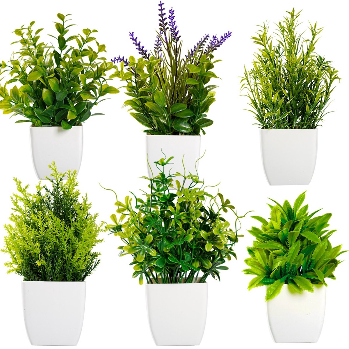Set van 6 Kunstplanten in Pot - Mini Kunstplantjes - Kunstbloemen Decoratie voor Woonkamer, Badkamer & Kantoor - Eucalyptus & Gras - 16-23cm