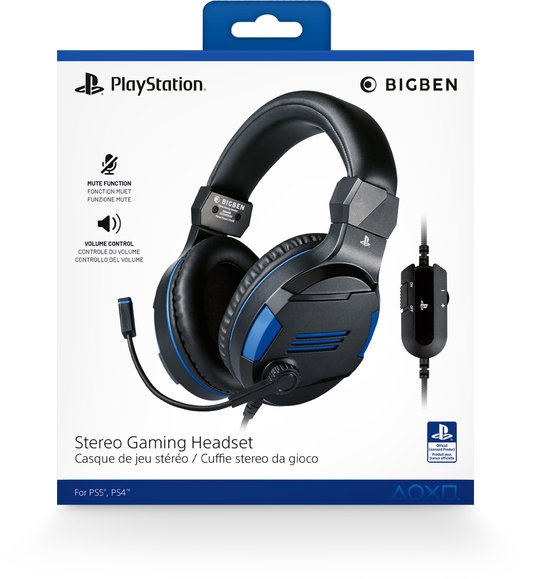 Doos van een zwarte en blauwe stereo gaming headset met PlayStation logo en "BIGBEN" merk.