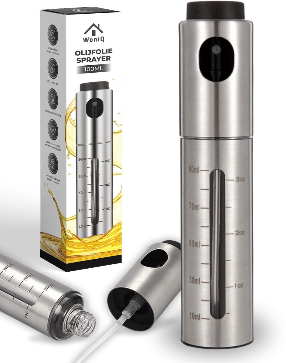 WoniQ Olijfolie Sprayer - Luxe RVS Olie Sprayer - Olijfolie Fles Verstuiver voor Keuken - Oliefles Cooking Spray - BBQ Accesoires