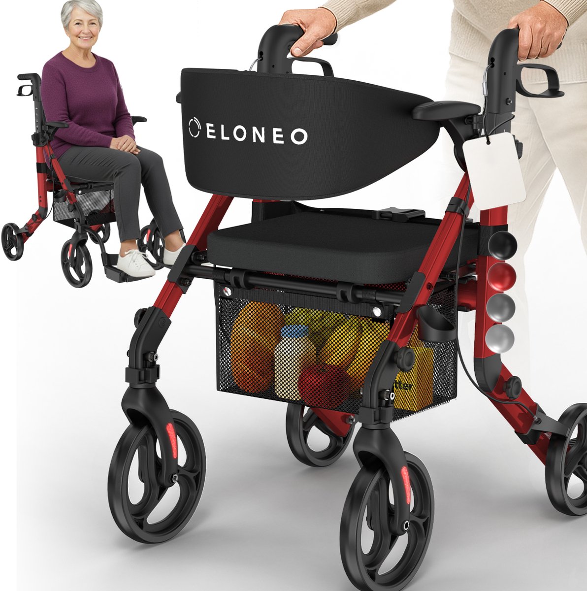 ELONEO 2-in-1 rolstoel en rollator – opvouwbaar, lichtgewicht met zitje, outdoor rollator voor alle terreinen, aluminium loophulp voor senioren met netzak, transportrolstoel, rood